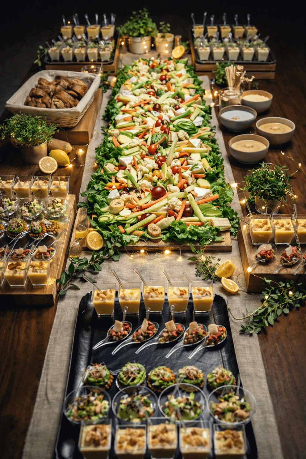 Grand buffet traiteur avec verrines et légumes croquants pour événement d’entreprise