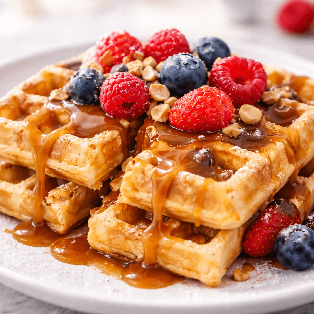 Gaufres dorées nappées de caramel et fruits rouges