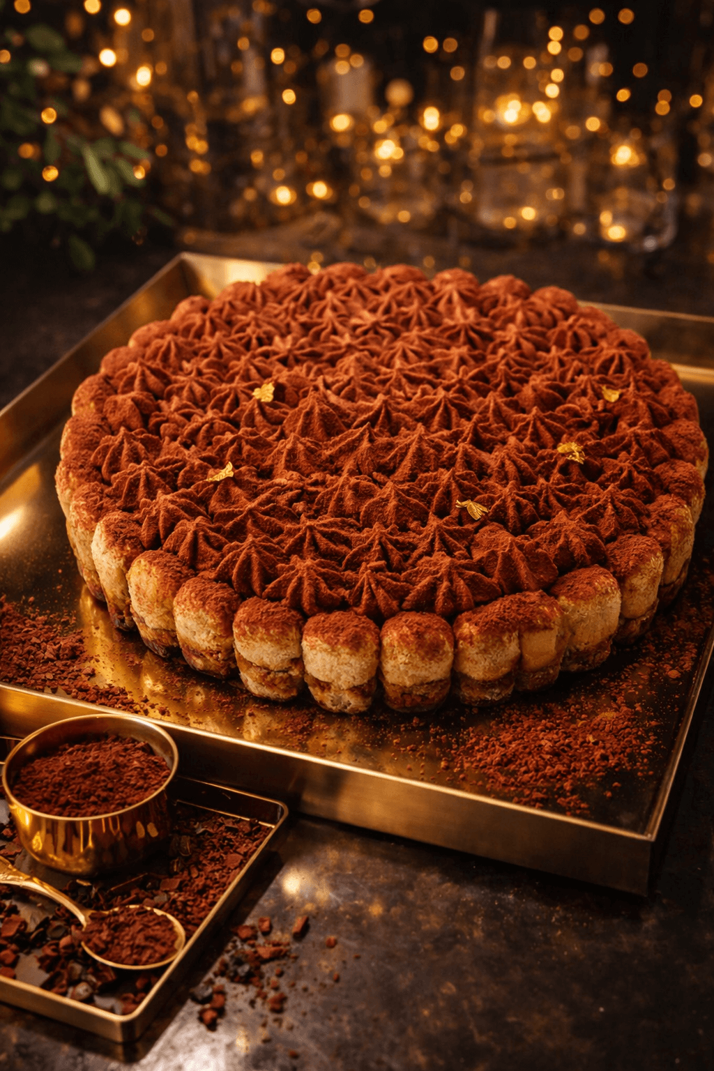 Tiramisu dressé sur plateau doré avec décor cacao et lumière chaleureuse