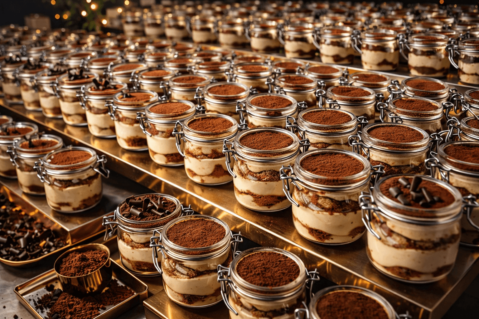 Bar à tiramisus avec verrines alignées pour événement d’entreprise